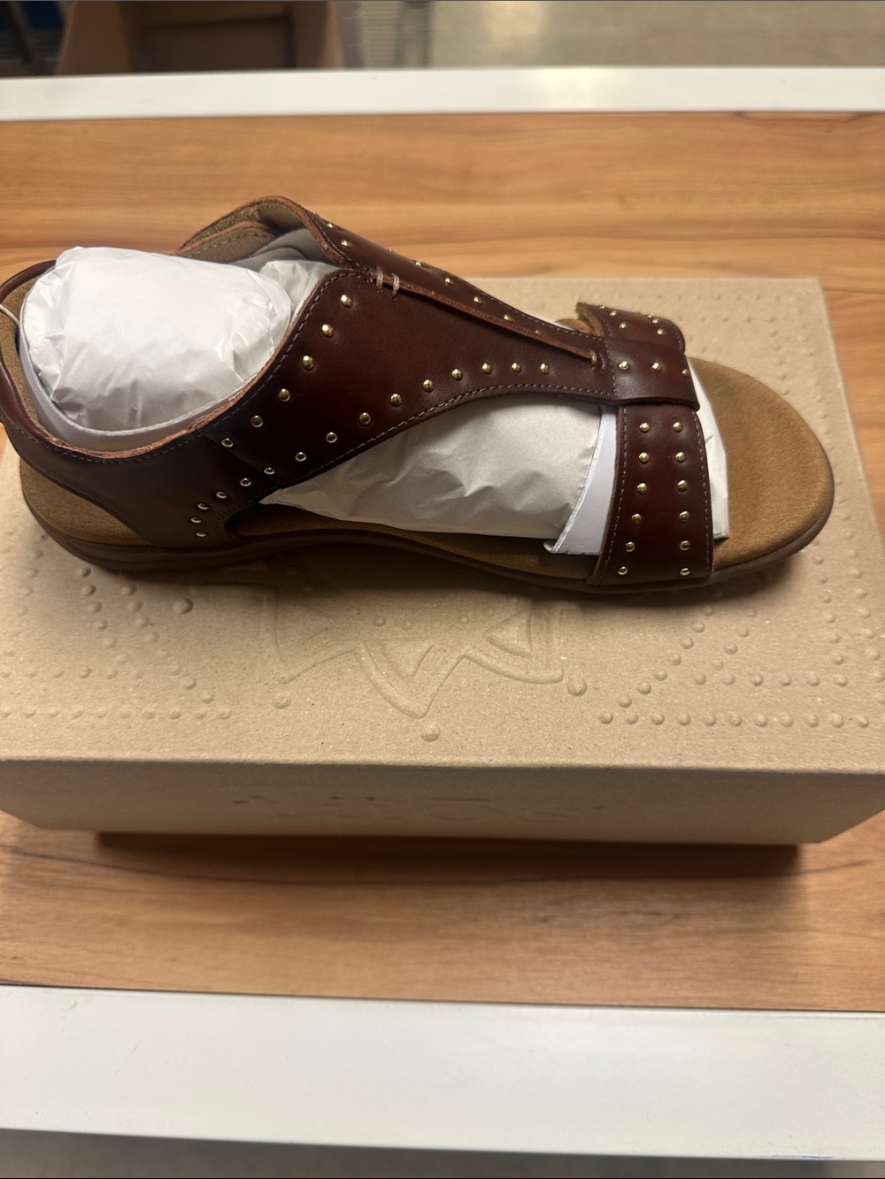 Taos Showstopper Women's Studded Cognac Color Leather Slide Sandals - Picture 5 of 11